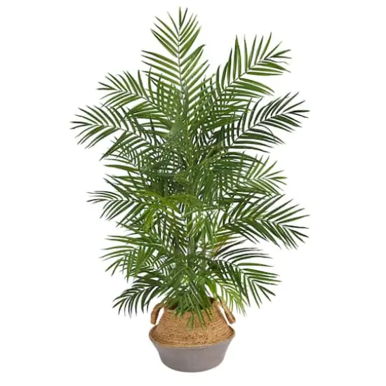 4ft. Areca Artificial Palm Branches in Boho Chic Handmade Cotton & Jute Gray Woven Planter {3}