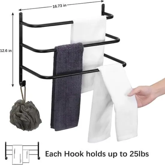 Black Metal Bathroom Towel Bar Wall Mounted Rack with Hooks {5}