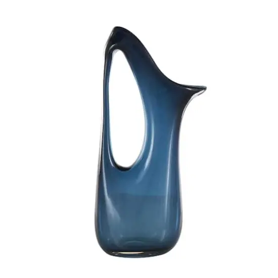 Blue Abstract Glass Vase with Cutout Handle & Elongated Opening Dark Blue {10}