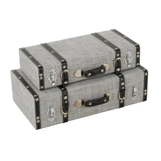 Gray Fabric Woven Storage Decorative Trunk with Silver Latches & Buckles Set {3}
