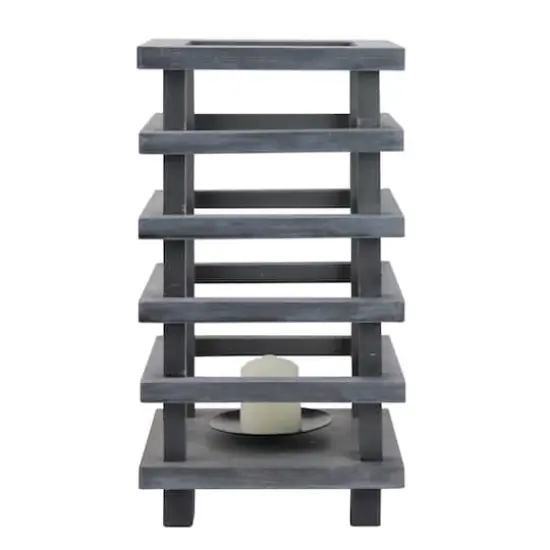 13" Gray Wooden Pagoda Tower Pillar Candle Holder {3}