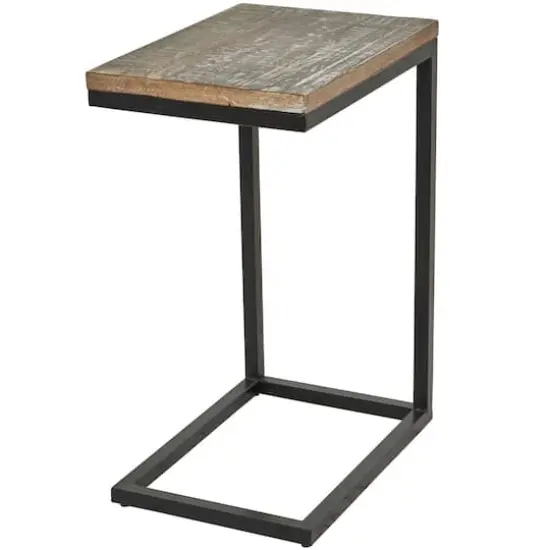 Brown Wood Distressed C-Shaped Accent Table with Black Metal Base 13" x 18" x 26" {1}