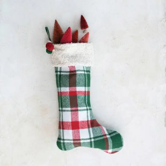 Hello Honey&reg; 20" Red, Green & White Plaid Brushed Cotton Flannel Stocking with Sherpa Cuff & Pom Poms {3}