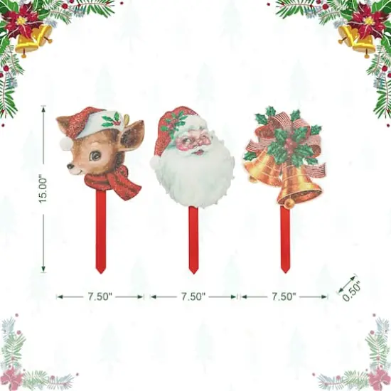 Glitzhome&reg; Wooden Glitter Santa, Bell & Reindeer Yard Stake Set {7}
