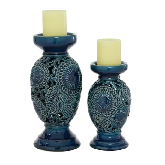 Blue Ceramic Eclectic Candle Holder Set {1}
