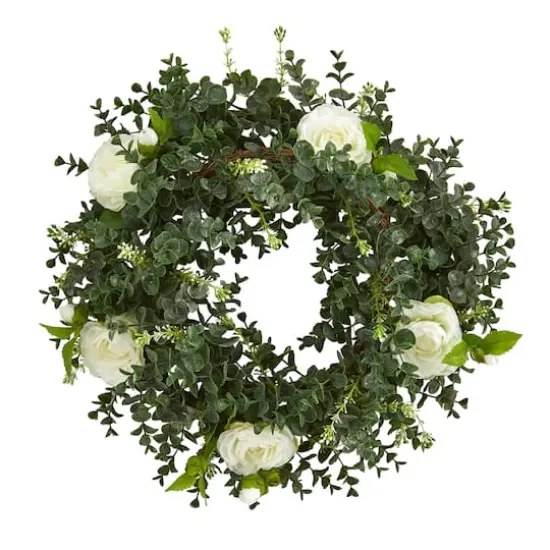 18'' Green & White Eucalyptus with Camellia Wreath {1}
