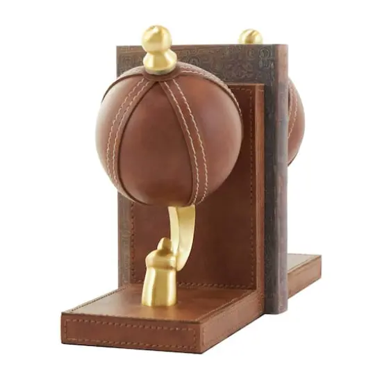 9" Brown Leather Globe Handmade Stitched Bookends Set {4}