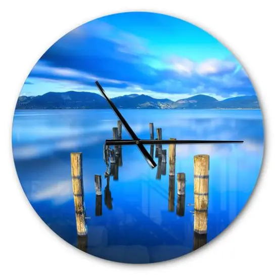 Designart 'Wooden Pier Remains In Blue Sea Modern Wall Clock {1}