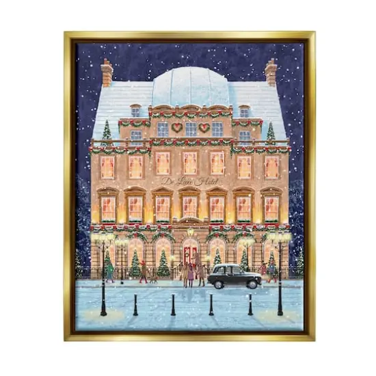 Stupell Industries Winter Hotel Christmas Festival Framed Floater Canvas Wall Art Gold {1}