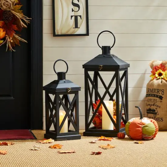 Glitzhome&reg; Black Farmhouse Wood & Metal Lanterns Set {6}