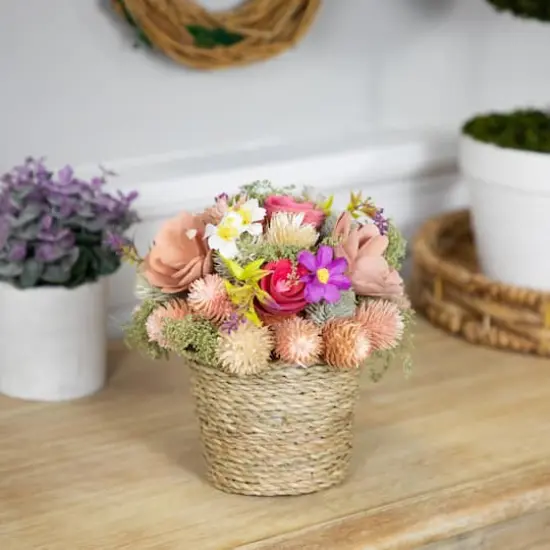 7" Wooden Mixed Floral Artificial Spring Arrangement with Pot {3}