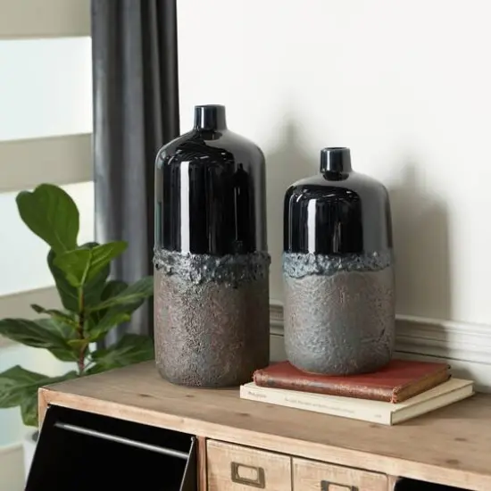 Set of 2 Black Stoneware Rustic Vase, 20", 15" {7}