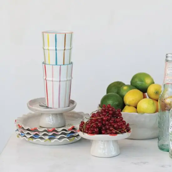 Hello Honey 6-Piece Hand-Painted Stoneware Striped Cup with Colored Rim, Multicolor {4}