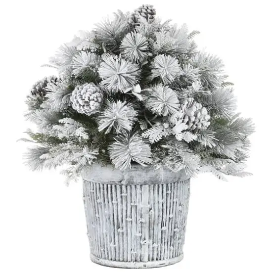 22" Pre-Lit Flocked Chiwawa Basin Pine Tree With Pinecones In Gray Pot, Clear LED Lights {6}