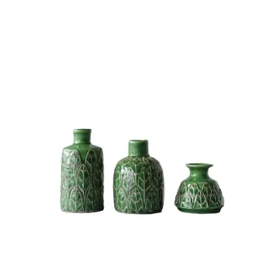 Hello Honey&reg; Green Embossed Stoneware Vases Set {1}