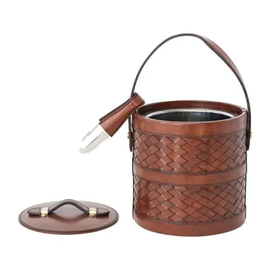 Hello Honey 2.5 Quart Reclaimed Wood, Woven Leather and Removable Stainless Steel Ice Bucket with Handle and Tongs, Cognac Color {7}