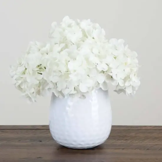 11" White Hydrangea Arrangement in White Metal Vase {5}