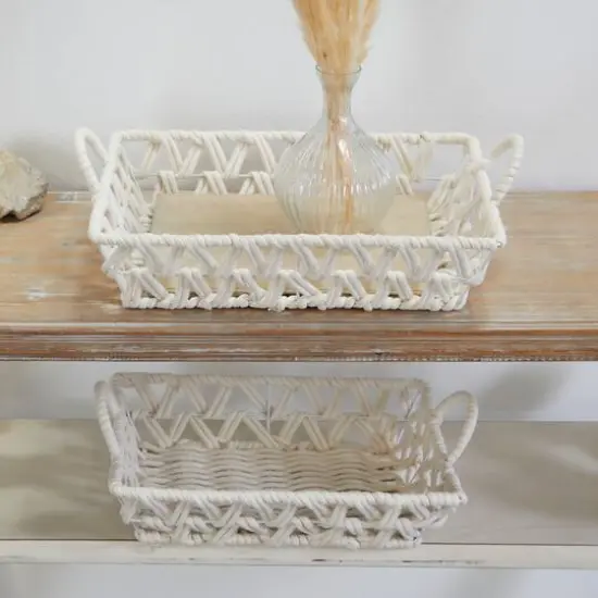 White Cotton Handmade Woven Storage Basket with Handles Set of 2 19", 18" {8}