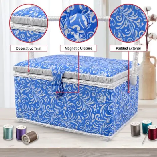 SINGER&reg; Large Blue Deliah Scroll Print Sewing Basket with Sewing Scissors & Notions {10}
