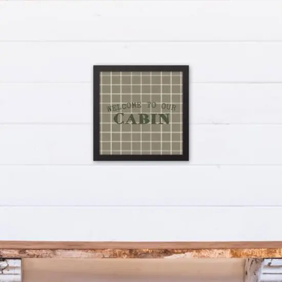 Welcome To Our Cabin Taupe and White Check Canvas Wall Art in Black Frame {5}