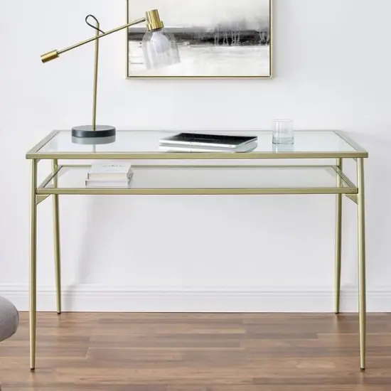 Walker Edison 48" Gold Two Tier Glass & Metal Desk {5}