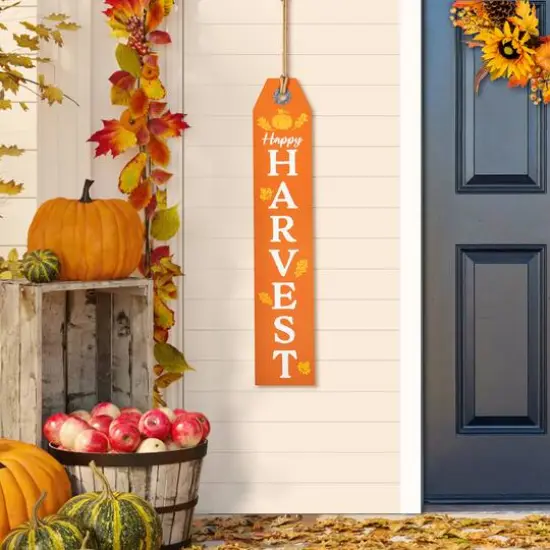 Glitzhome&reg; 35.5" Fall & Halloween Reversible Wood Tag Porch Sign {4}