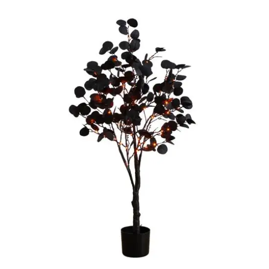 4ft. Pre-Lit Artificial Halloween Black Eucalyptus Tree with 160 Orange & Purple LED Lights {7}