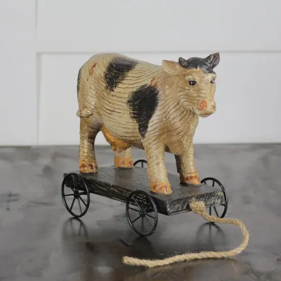 10.25" Black & White Textured Wood Cow on Cart Outdoor Garden Statue {4}