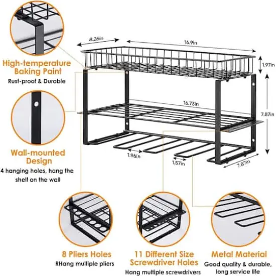 NEX™ 17" Black Wall-Mounted Power Tool Storage Rack with Basket {3}