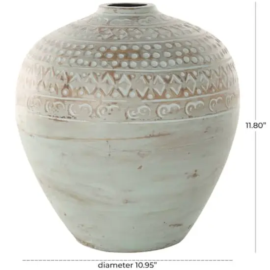 11.75" Green Antique-Style Wide Rounded Ceramic Vase with Geometric Carvings {5}