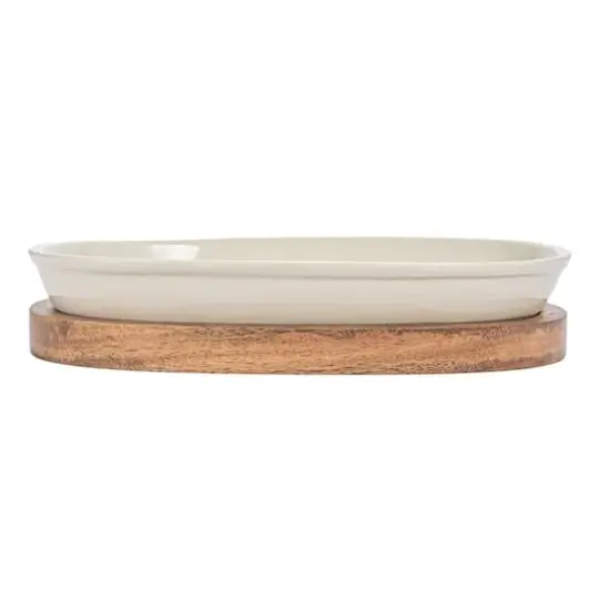 Hello Honey&reg; 13" Cream Stoneware Serving Dish with Natural Mango Wood Base {7}