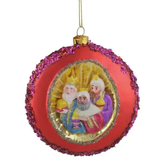 4" Three Wise Men Sequin Glass Disc Ornament {1}