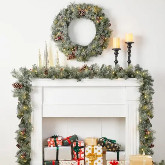 Glitzhome&reg; 24" Pre-Lit Glittered Pinecone Christmas Wreath & Matched 9ft. Garlands Set {3}