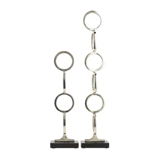 Aluminum Abstract Stacked Geometric Rings Sculpture with Marble Base Set Silver {5}