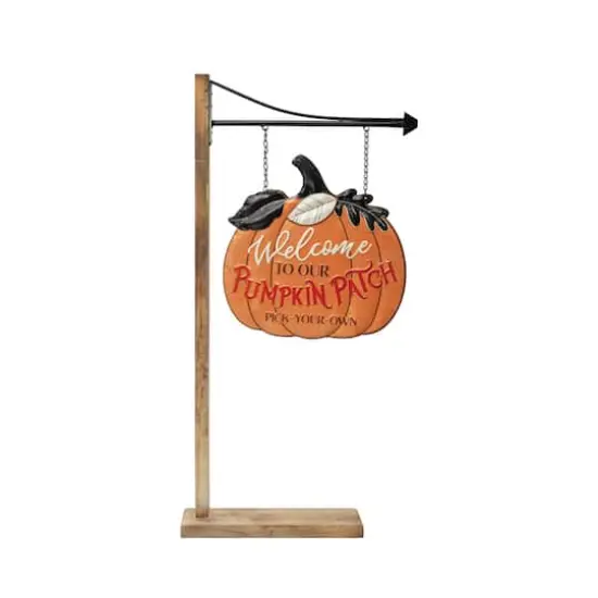 Hello Honey® 38.5" 2-Sided Embossed Metal Pumpkin Sign Décor with Wood Floor Stand {1}