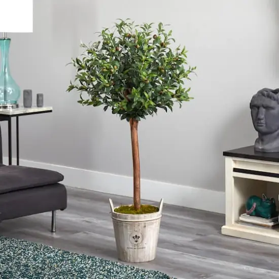 4.5ft. Olive Topiary Tree with Farmhouse Barrel Planter {10}