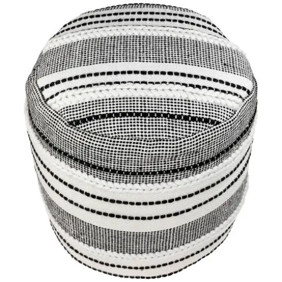 18" White & Black Striped Outdoor Woven Pouf Ottoman {1}