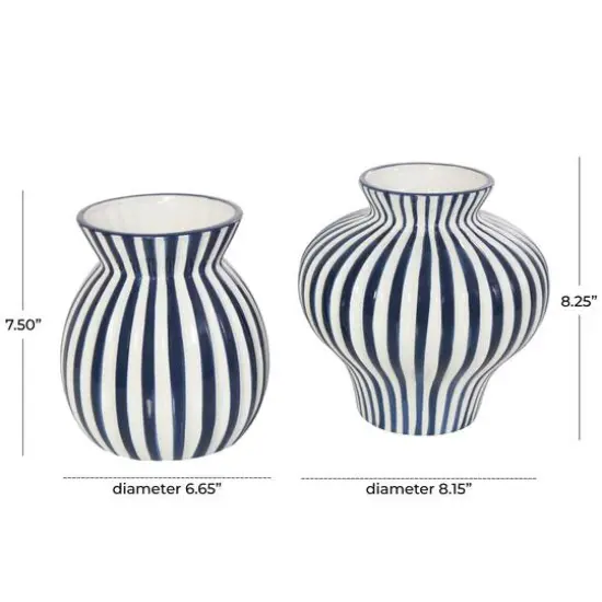Blue Stripes Rounded Ceramic Vase Set {5}