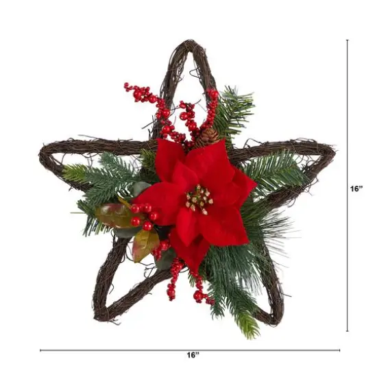 16" Holiday Christmas Poinsettia Star Twig Wreath {3}