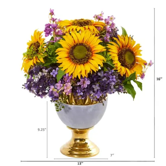 16" Sunflower & Lilac Arrangement in Stoneware Urn with Gold Trimming {3}