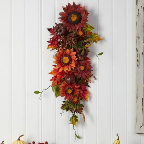 35" Sunflower, Pumpkin & Berries Autumn Teardrop Swag {4}