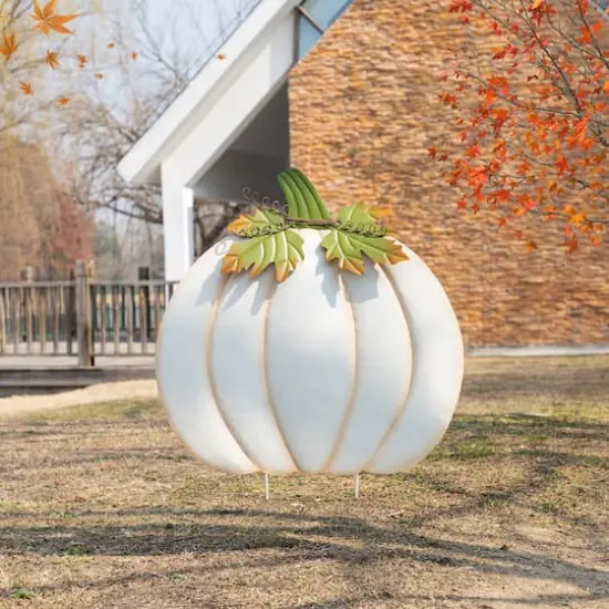 Glitzhome&reg; 39.5" Fall Oversized Metal Ivory Pumpkin Yard Stake, Wall or Standing Decor {5}