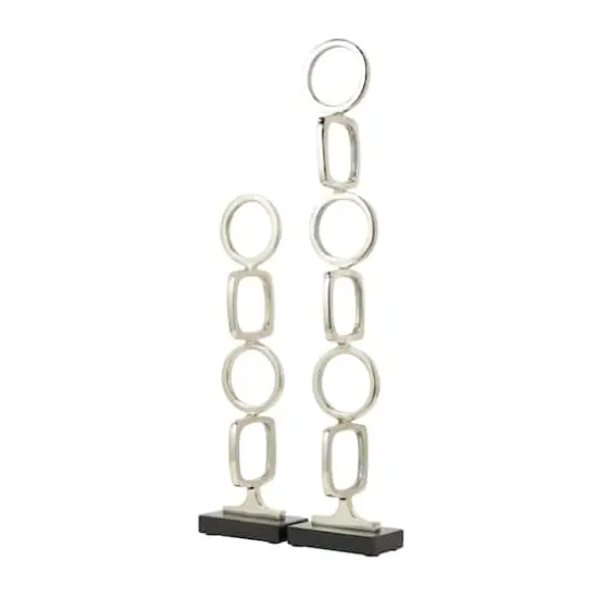 Aluminum Abstract Stacked Geometric Rings Sculpture with Marble Base Set Silver {1}