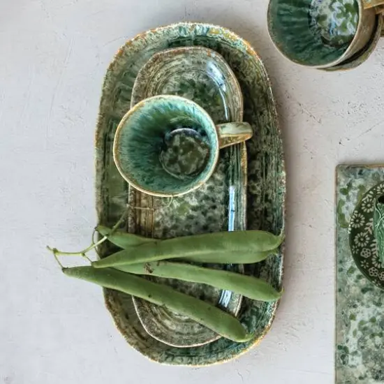 Hello Honey&reg; Long Green Reactive Crackle Glaze Stoneware Platters, 2ct. {3}