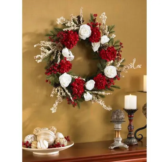 24" Red Hydrangea with White Roses Wreath {7}