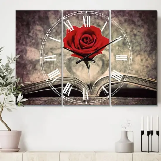 Designart Red Rose Inside The Book Multipanel Wall Clock {3}