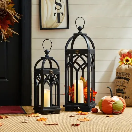 Glitzhome&reg; Black Farmhouse Church Window Wood & Metal Lanterns Set {8}