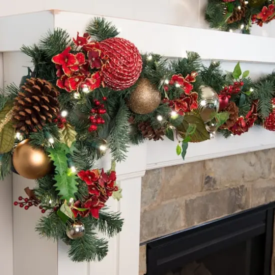 Village Lighting 9ft. Pre-Lit LED Scarlet Hydrangea Christmas Garland {4}