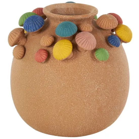 9" Brown Ceramic Round Wide Decorative Vase with Multicolor Mushroom Accents {1}