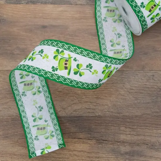 2.5" x 10yd. St. Patrick's Day Shamrock & Hat Wired Spring Craft Ribbon {3}